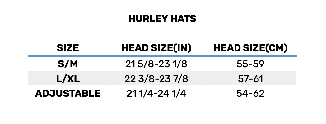 2025 Hurley Hats 0 Størrelsesskema